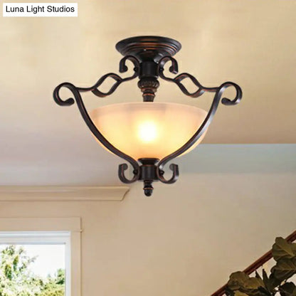 DecorBites™ DecorBites™ Rustic Copper Semi Flush Ceiling Light with Iron Scrolled Design and Beige Glass Shade