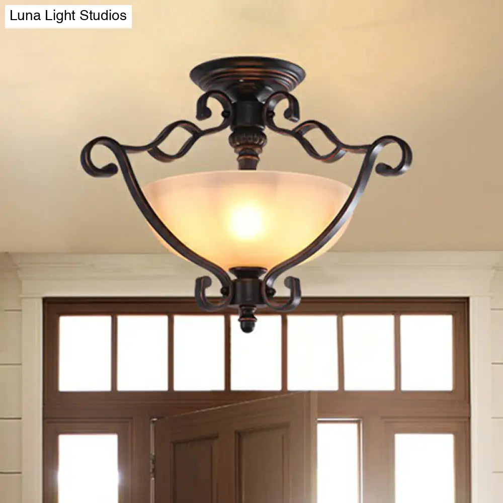 DecorBites™ DecorBites™ Rustic Copper Semi Flush Ceiling Light with Iron Scrolled Design and Beige Glass Shade