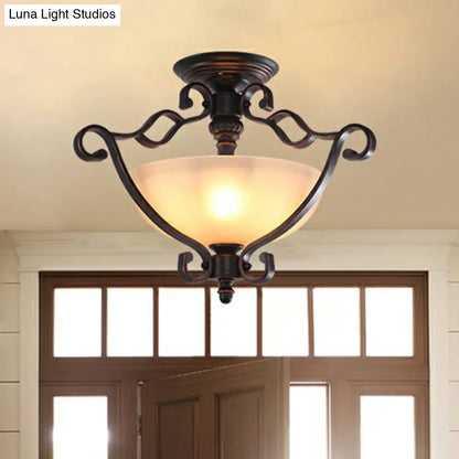DecorBites™ DecorBites™ Rustic Copper Semi Flush Ceiling Light with Iron Scrolled Design and Beige Glass Shade