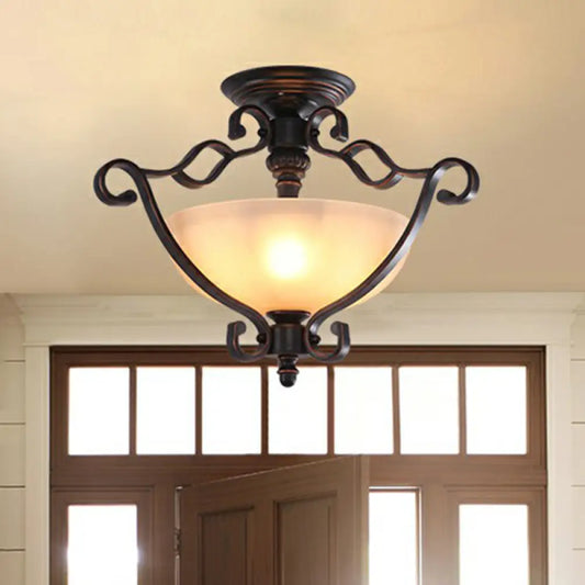 DecorBites™ DecorBites™ Rustic Copper Semi Flush Ceiling Light with Iron Scrolled Design and Beige Glass Shade