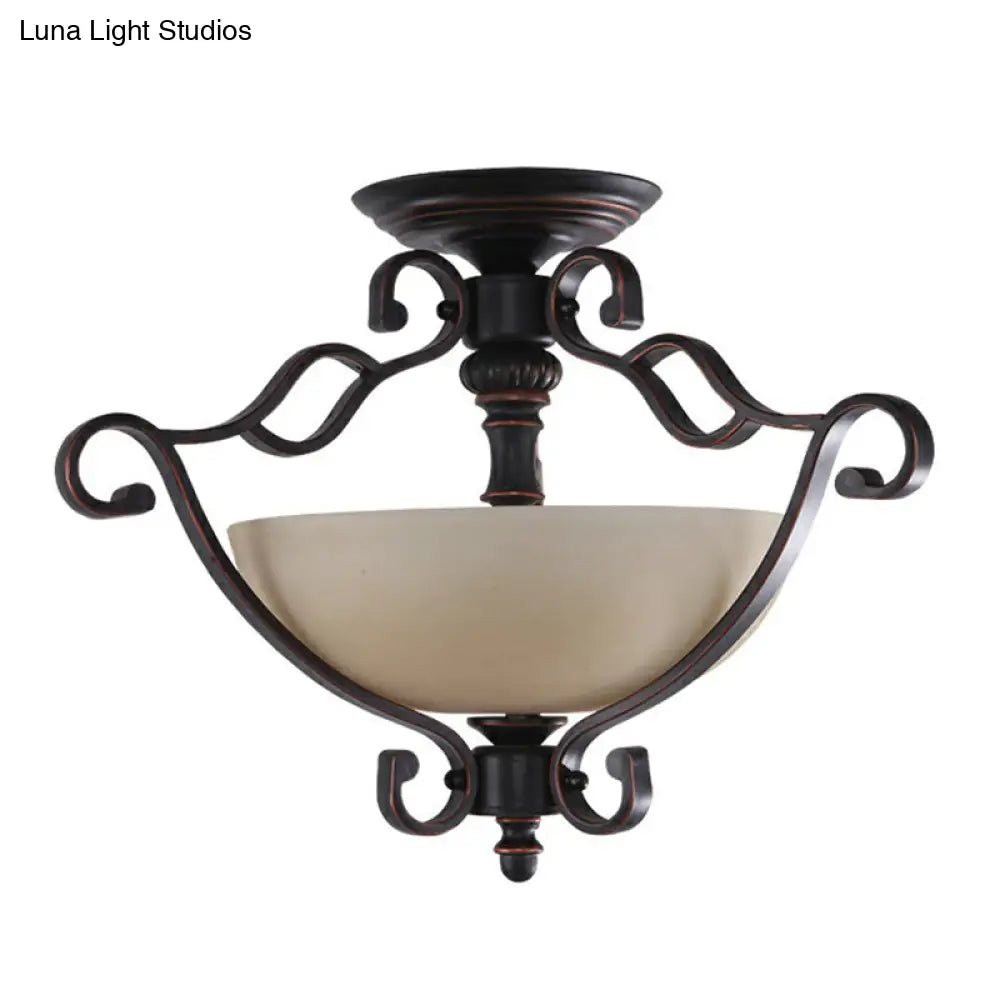 DecorBites™ DecorBites™ Rustic Copper Semi Flush Ceiling Light with Iron Scrolled Design and Beige Glass Shade