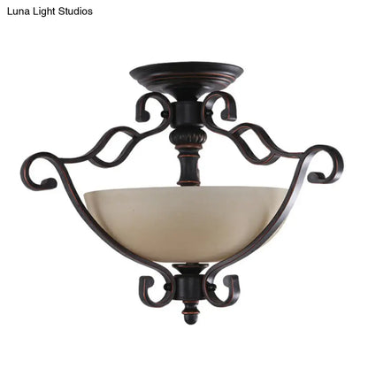 DecorBites™ DecorBites™ Rustic Copper Semi Flush Ceiling Light with Iron Scrolled Design and Beige Glass Shade
