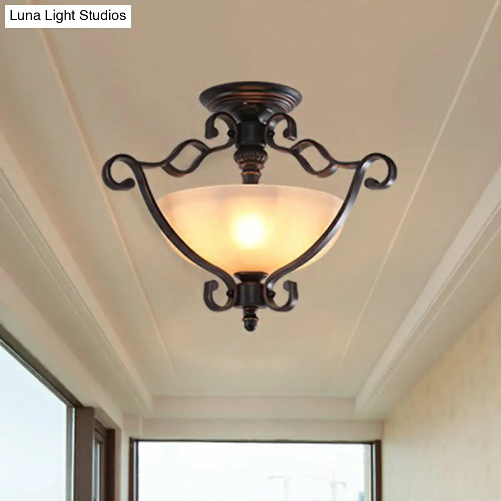 DecorBites™ DecorBites™ Rustic Copper Semi Flush Ceiling Light with Iron Scrolled Design and Beige Glass Shade