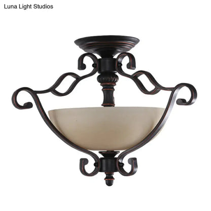 DecorBites™ DecorBites™ Rustic Copper Semi Flush Ceiling Light with Iron Scrolled Design and Beige Glass Shade