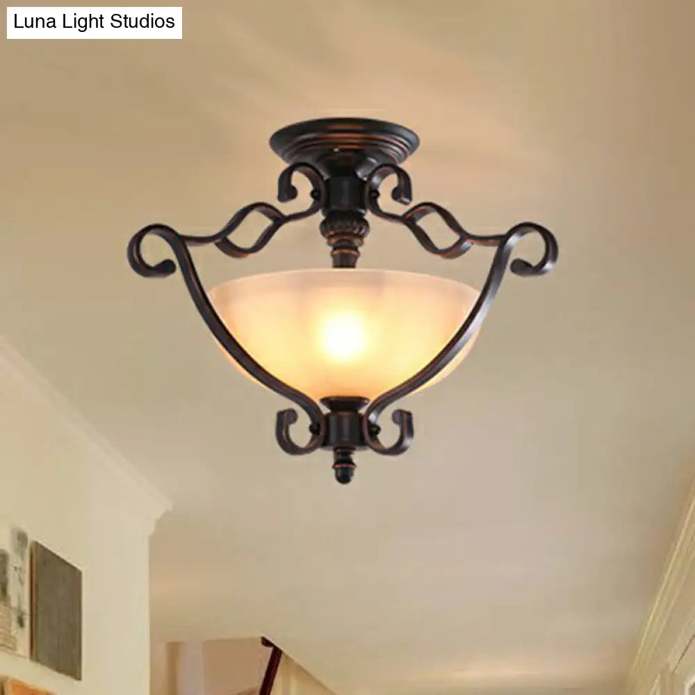 DecorBites™ DecorBites™ Rustic Copper Semi Flush Ceiling Light with Iron Scrolled Design and Beige Glass Shade