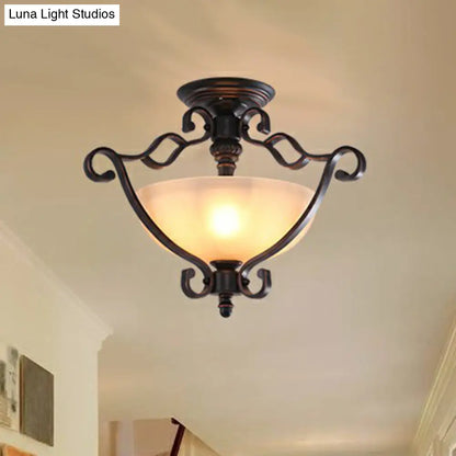 DecorBites™ DecorBites™ Rustic Copper Semi Flush Ceiling Light with Iron Scrolled Design and Beige Glass Shade