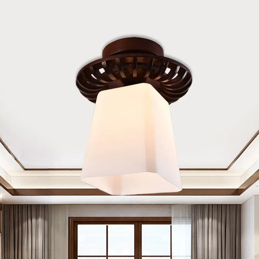 DecorBites™ DecorBites™ Rustic Cream Glass Flush Mount Ceiling Light with Wood Frame - Brown Globe/Square Design