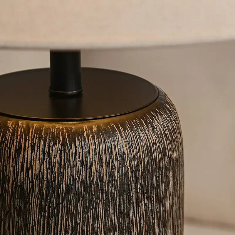 Rustic dark brown ceramic wabi sabi floor lamp with textured brushed gold and black ceramic wabi decorbites base