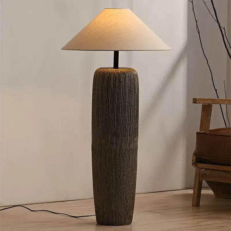 Rustic dark brown ceramic wabi sabi floor lamp with textured grain and beige fabric shade for living room decorbites ceramic wabi