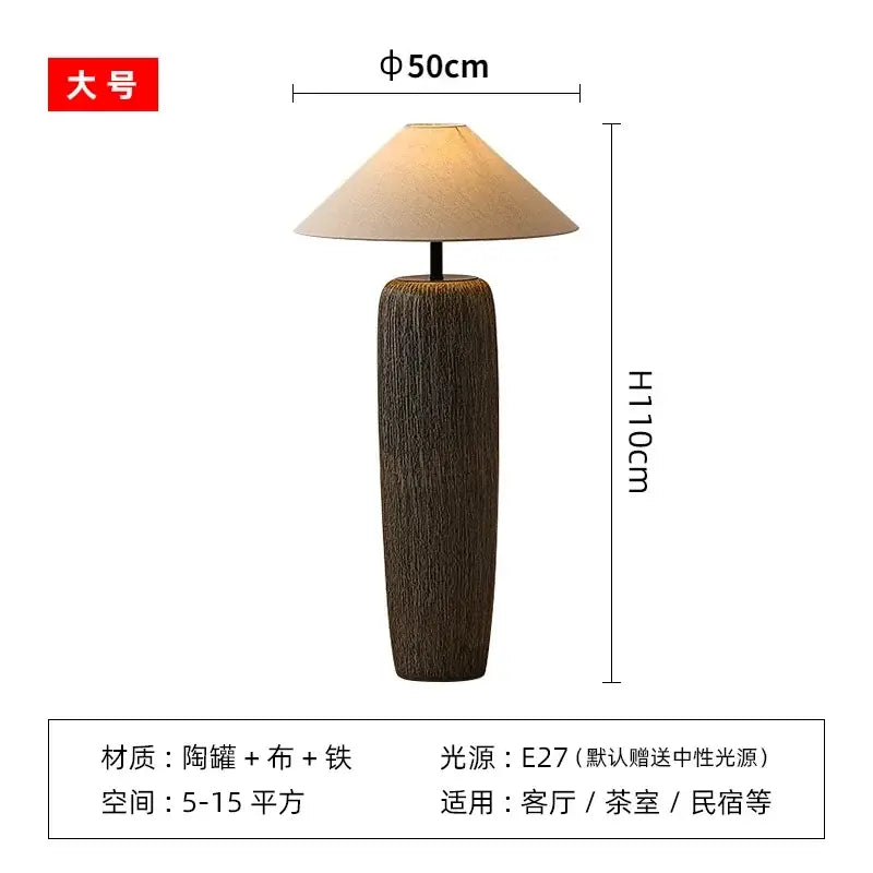 Rustic dark brown ceramic wabi sabi floor lamp with textured surface and beige fabric shade for living room decorbites ceramic wabi