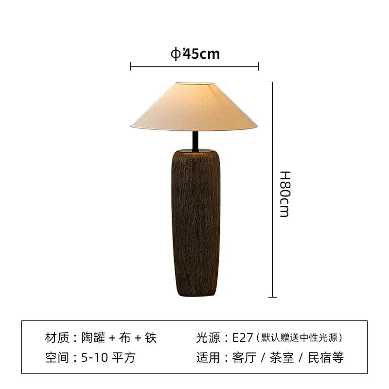 Rustic dark brown ceramic wabi sabi floor lamp with textured surface and beige fabric shade for living room decorbites ceramic wabi