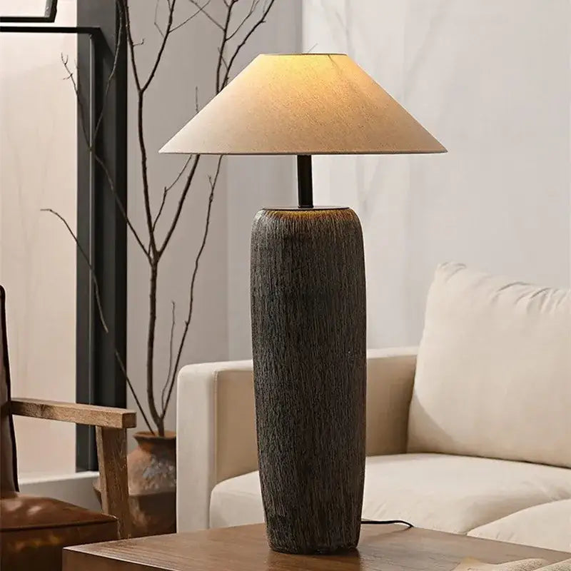 Rustic dark brown ceramic wabi sabi floor lamp with beige fabric shade for living room decorbites ceramic wabi style