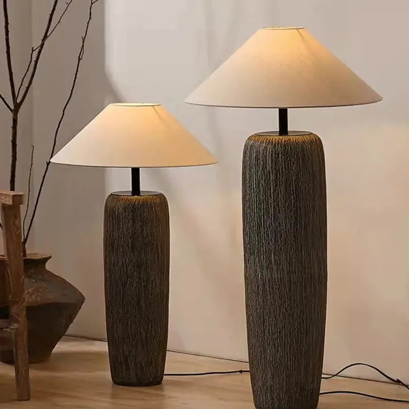 Two rustic dark brown ceramic wabi sabi floor lamps with cream fabric shades for living room decorbites ceramic wabi style