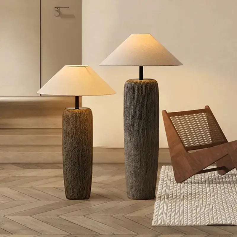 Two tall rustic dark brown ceramic wabi sabi floor lamps with beige fabric shades for living room decorbites ceramic wabi style
