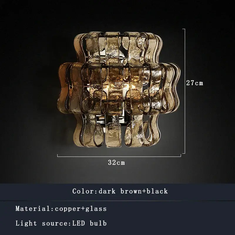Rustic dark brown glass wall sconce lamps with layered textured glass and copper accents for living room decor