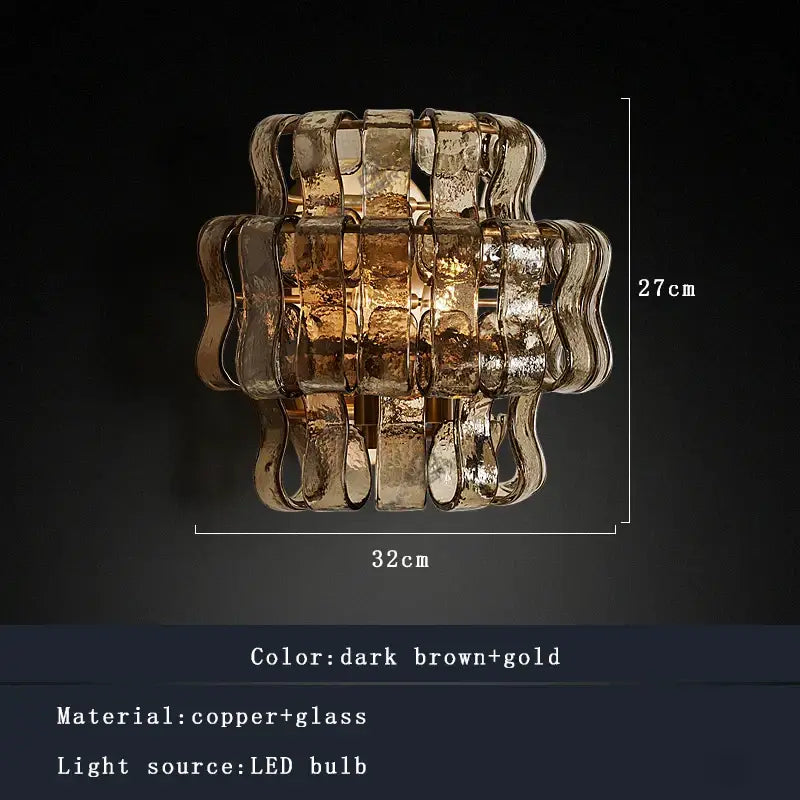 Rustic dark brown glass wall sconce lamps with sculptural layered design in gold copper for living room decor