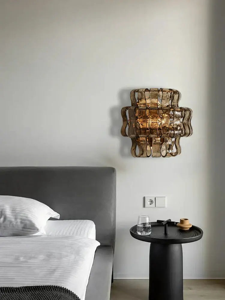 Rustic dark brown glass wall sconce lamps with textured amber-tinted glass for living room led decor