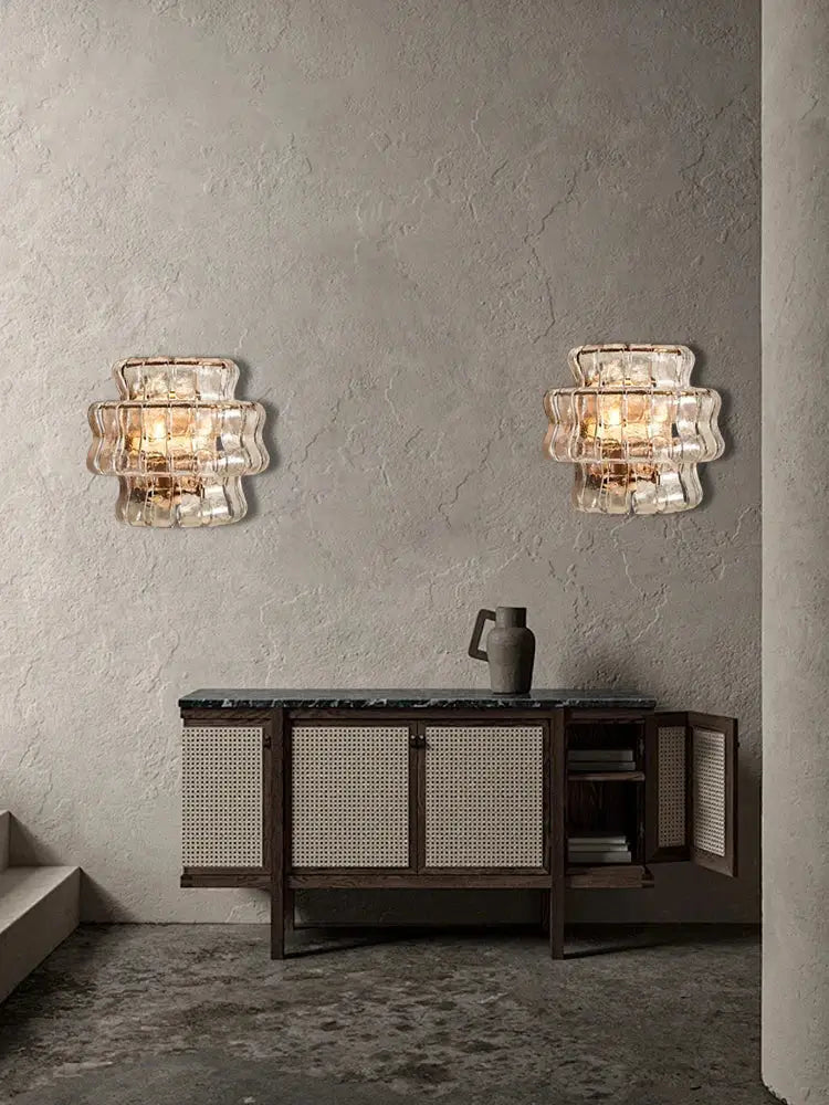Rustic dark brown glass wall sconce lamps with clear textured glass and stacked geometric design for living room decor