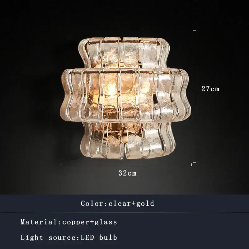 Rustic dark brown glass wall sconce lamps with clear glass chandelier and gold copper accents for living room decor
