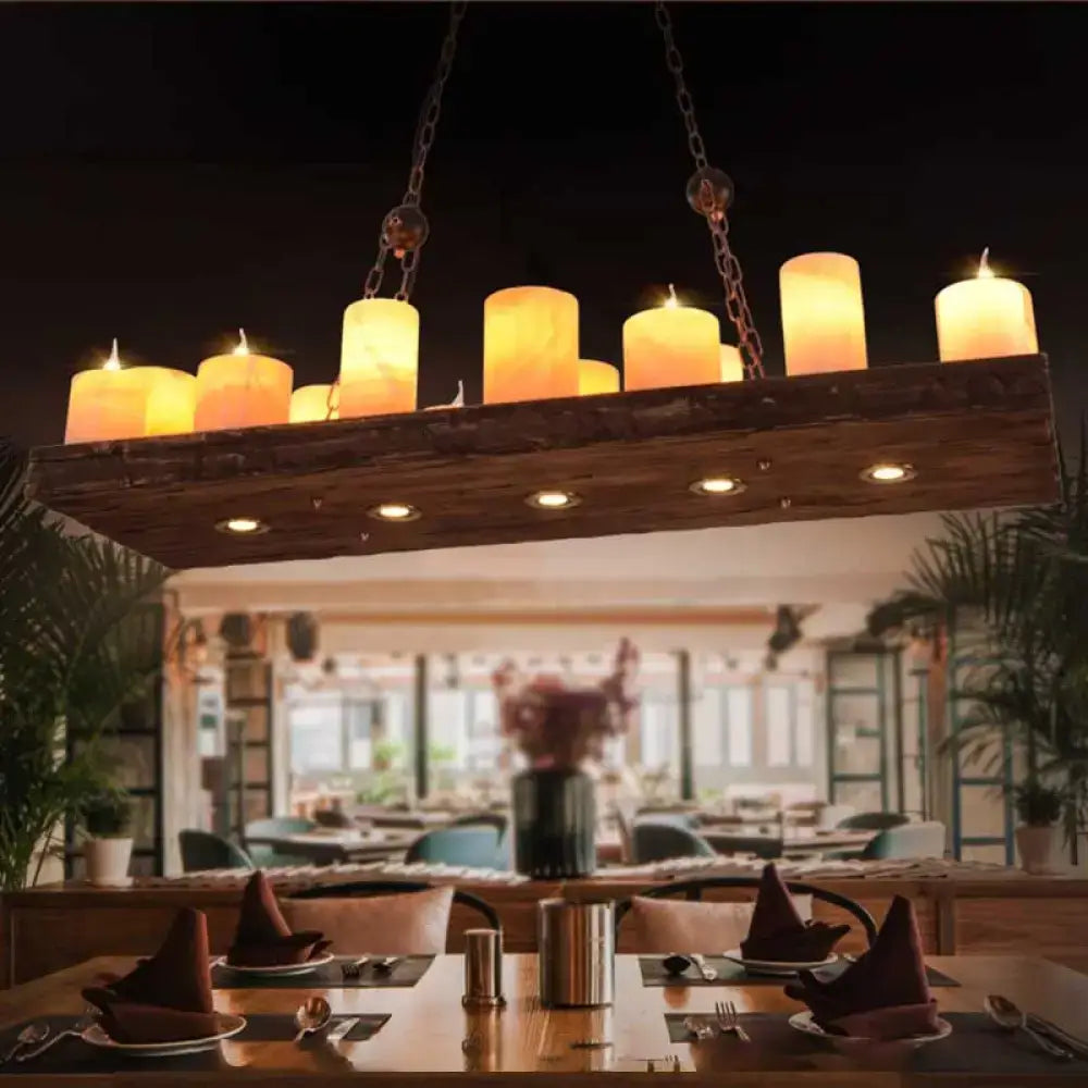Rustic dark wood ceiling light fixture with amber candle light bulbs suspended by chains for dining room 220v-240v