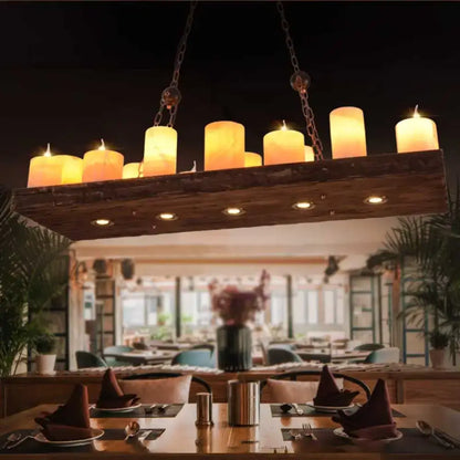 Rustic dark wood ceiling light fixture with amber candle light bulbs suspended by chains for dining room 220v-240v