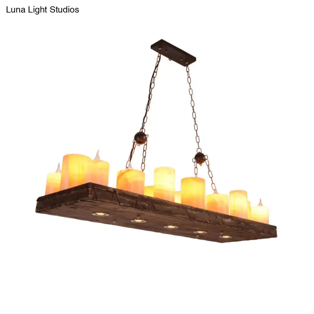 Rustic dark wood rectangular ceiling light fixture with amber candle bulbs suspended by chains 220v-240v for dining room