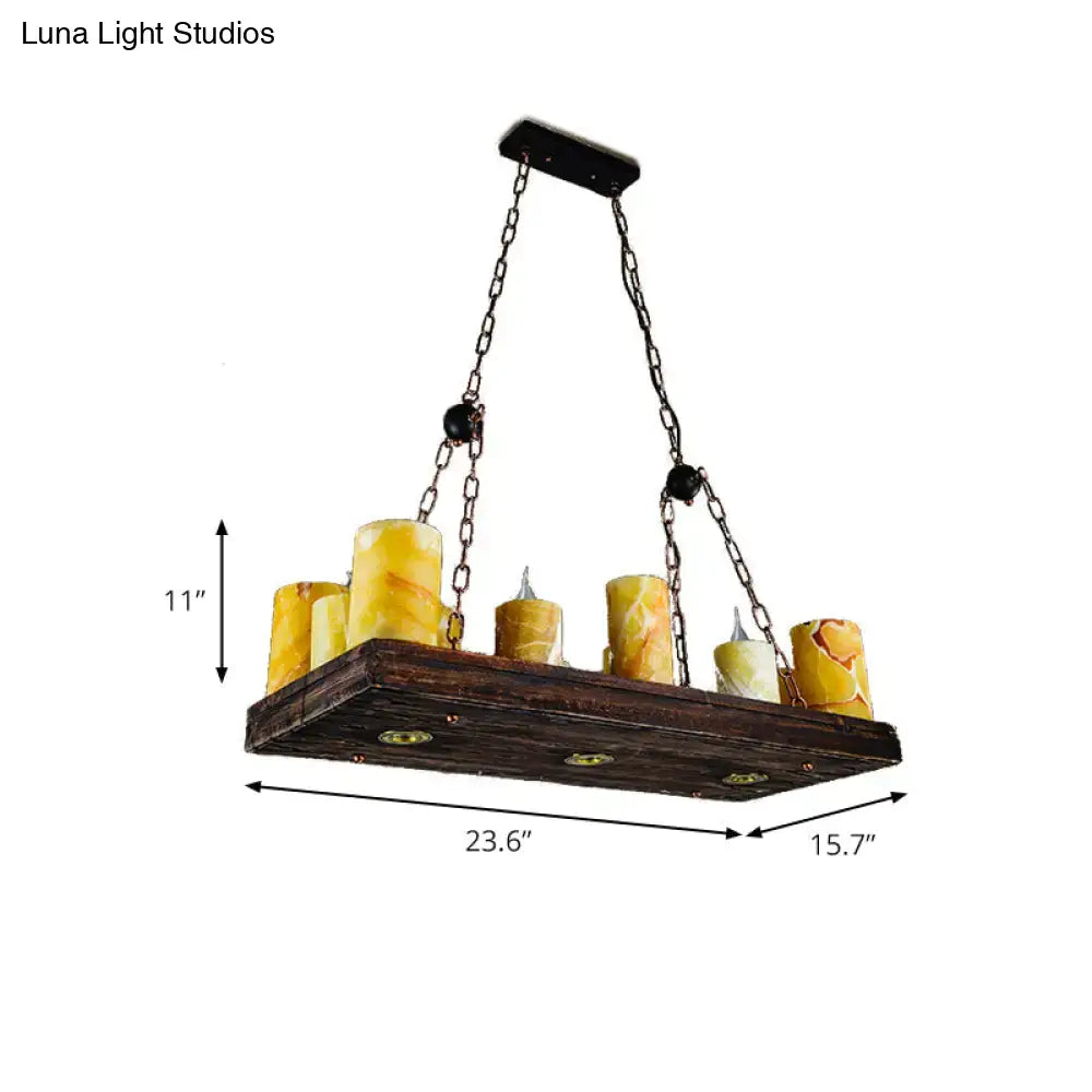 Rustic dark wood rectangular ceiling light fixture with six amber stone candle-like lights suspended by metal chains 220v-240v