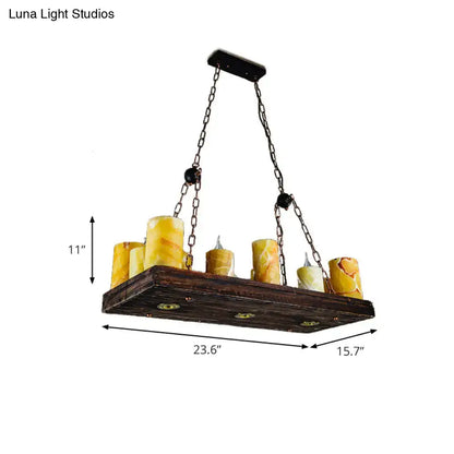 Rustic dark wood rectangular ceiling light fixture with six amber stone candle-like lights suspended by metal chains 220v-240v