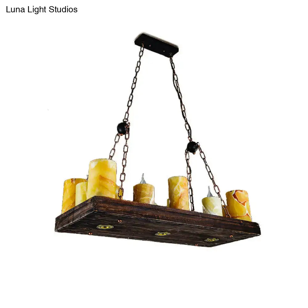 Rustic dark wood rectangular ceiling light with amber stone candle holders suspended by black chains 220v-240v light fixture