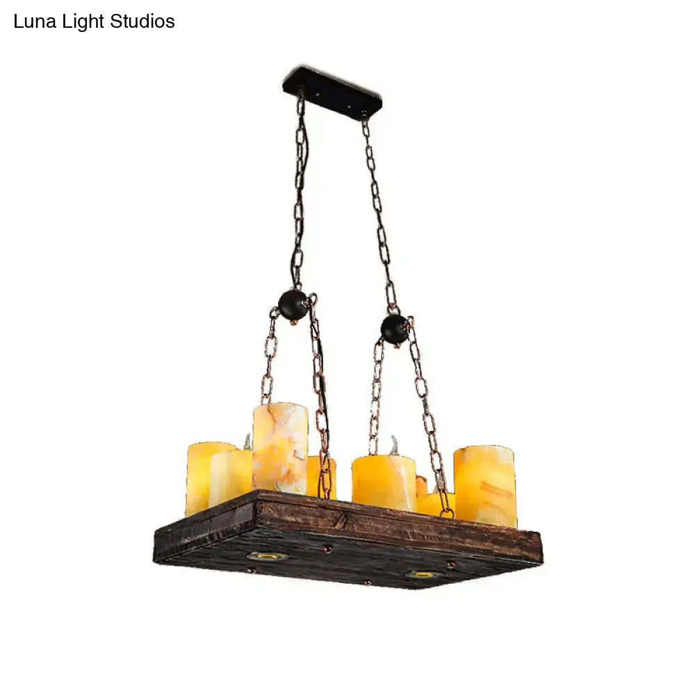 Rustic dark wood ceiling light fixture with amber candle glass shades suspended by black metal chains 220v-240v