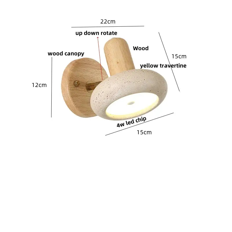 Rustic dark wood and beige concrete wall light with iron rotate led and up-down rotating yellow travertine shade decorbites iron rotate