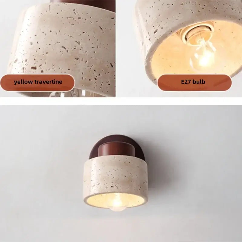 A modern wall light with textured yellow travertine shade and dark brown metal base for contemporary decorbites iron rotate use