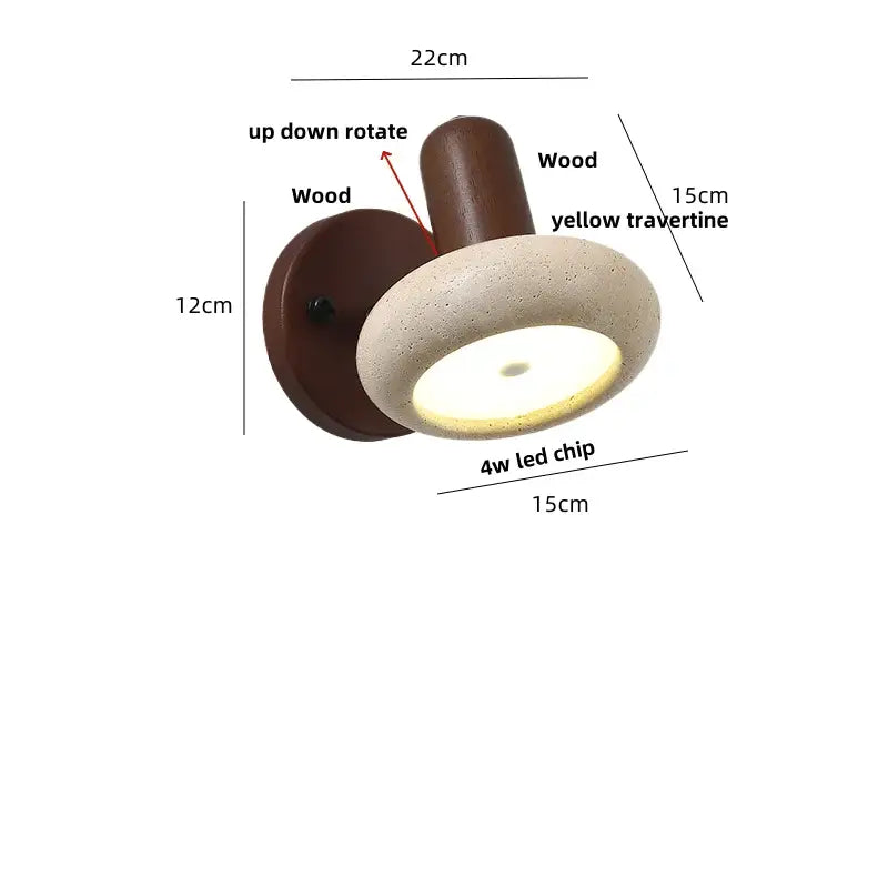 Rustic dark wood and beige concrete wall light with yellow travertine shade featuring iron rotate led for bedroom decorbites