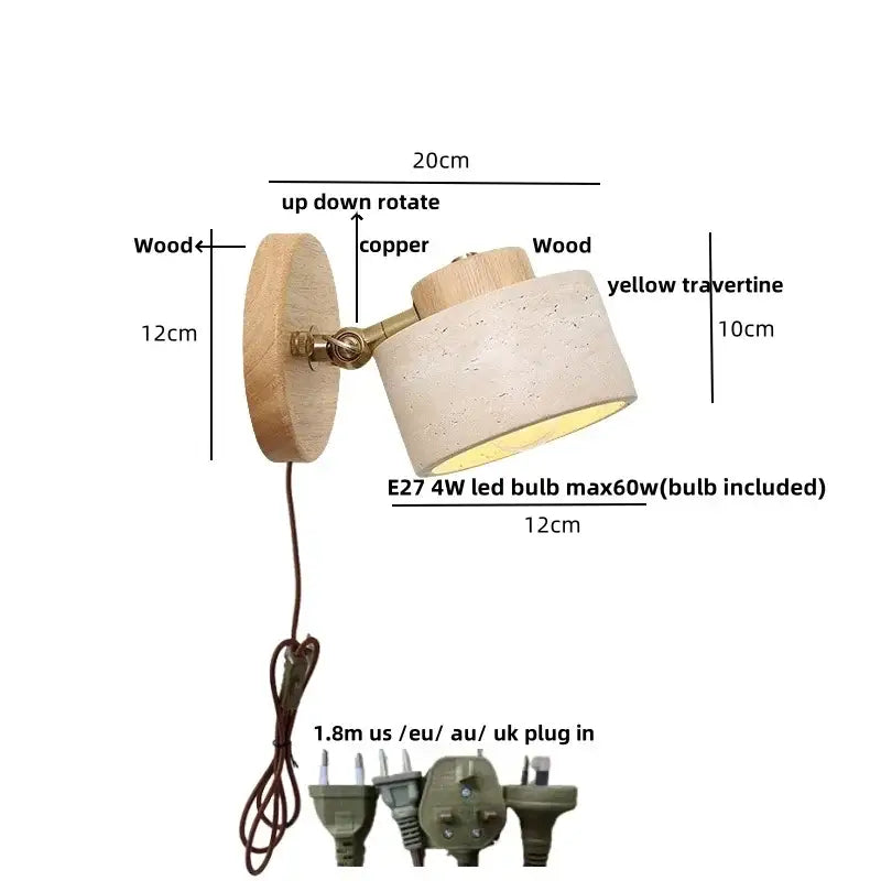 Rustic dark wood wall light with beige travertine shade, wooden base, and copper joint ideal for bedroom decorbites iron rotate
