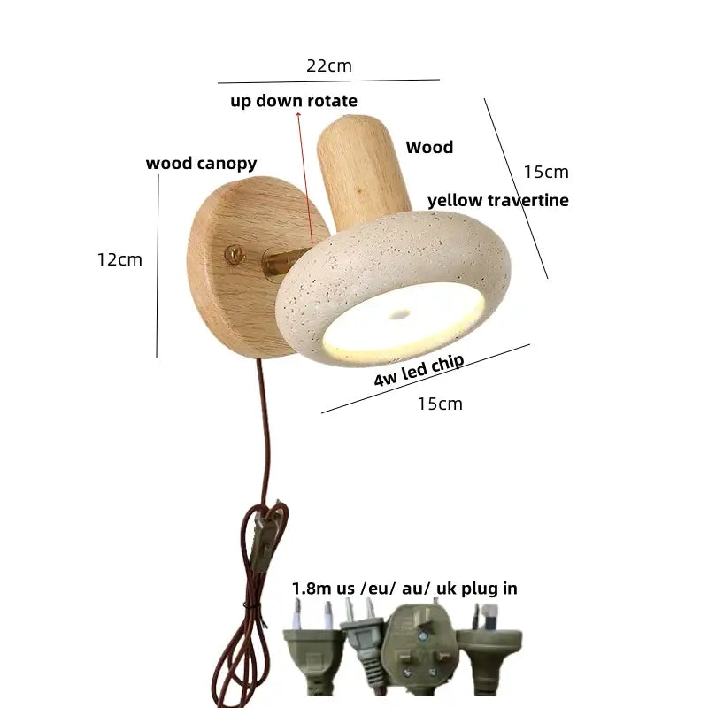 Rustic dark wood wall light with beige travertine shade and adjustable iron rotate led feature for bedroom decorbites