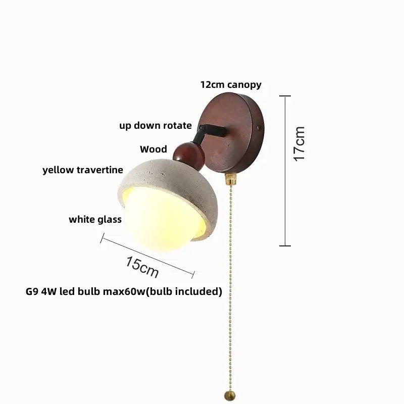 Rustic dark wood and beige travertine wall light with white glass diffuser for bedroom decorbites iron rotate led use