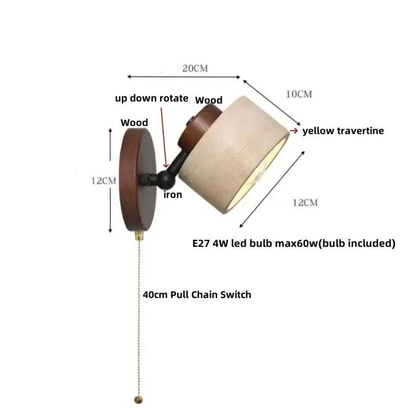 Rustic dark wood and beige travertine wall light with black iron rotate led arm for bedroom sconce decorbites iron rotate
