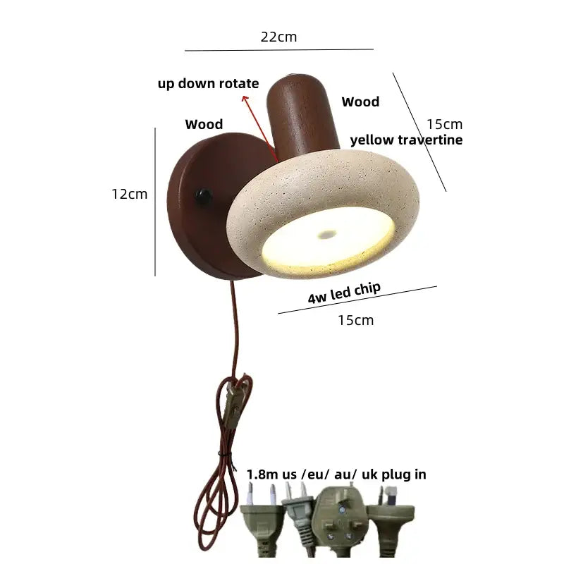 Rustic dark wood and beige concrete wall light with travertine shade for bedroom decorbites iron rotate led sconce