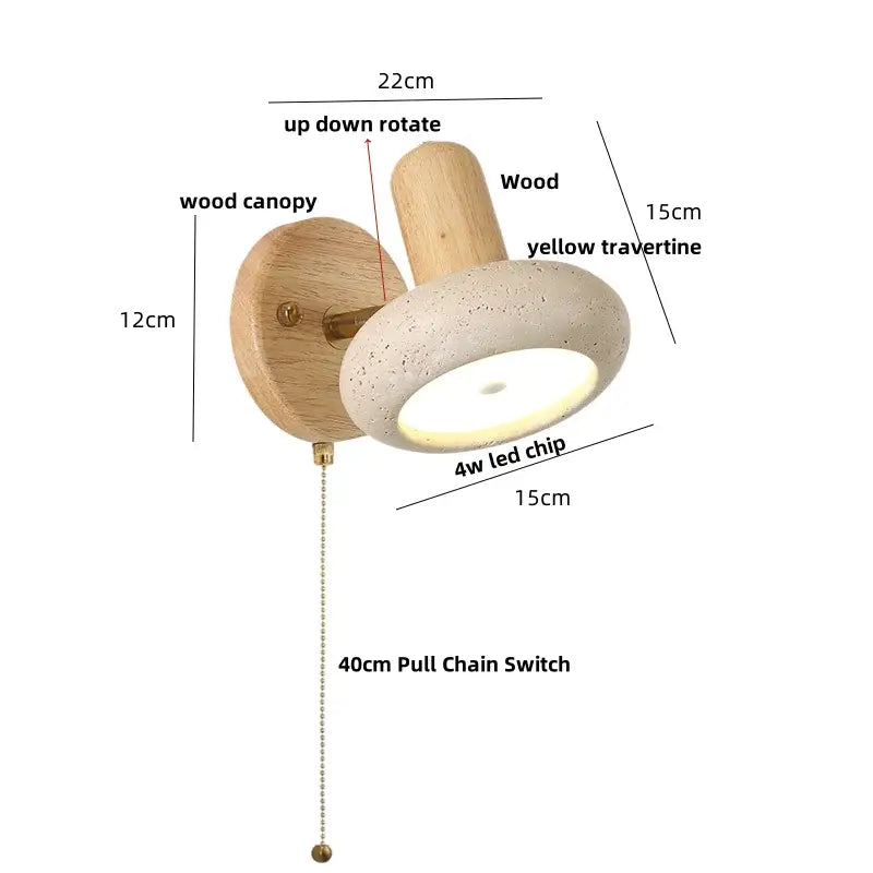 Rustic dark wood and beige concrete wall light with natural wood canopy and yellow travertine shade iron rotate led decorbites