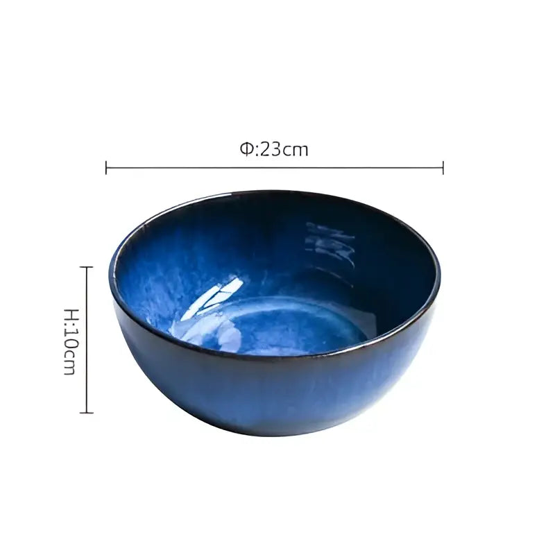 Rustic deep blue ceramic porcelain salad bowl with glossy textured glaze and rounded edges by Decorbites deep blue