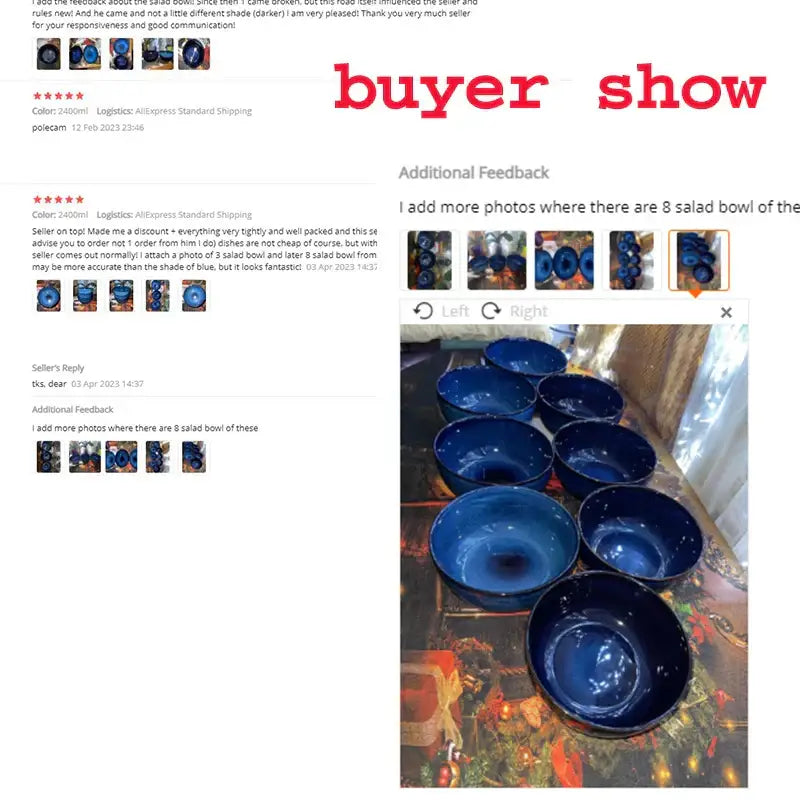 Set of eight deep blue ceramic porcelain salad bowls with glossy finish for rustic dining decorbites deep blue