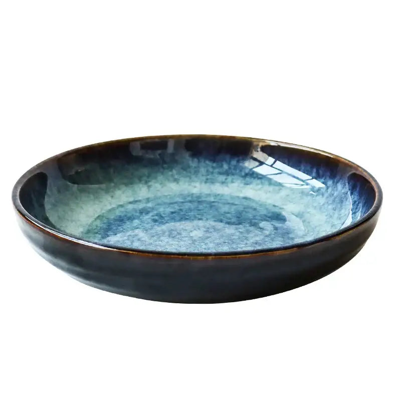 Rustic deep blue speckled ceramic salad bowl with gradient glaze and glossy finish from decorbites ceramic collection