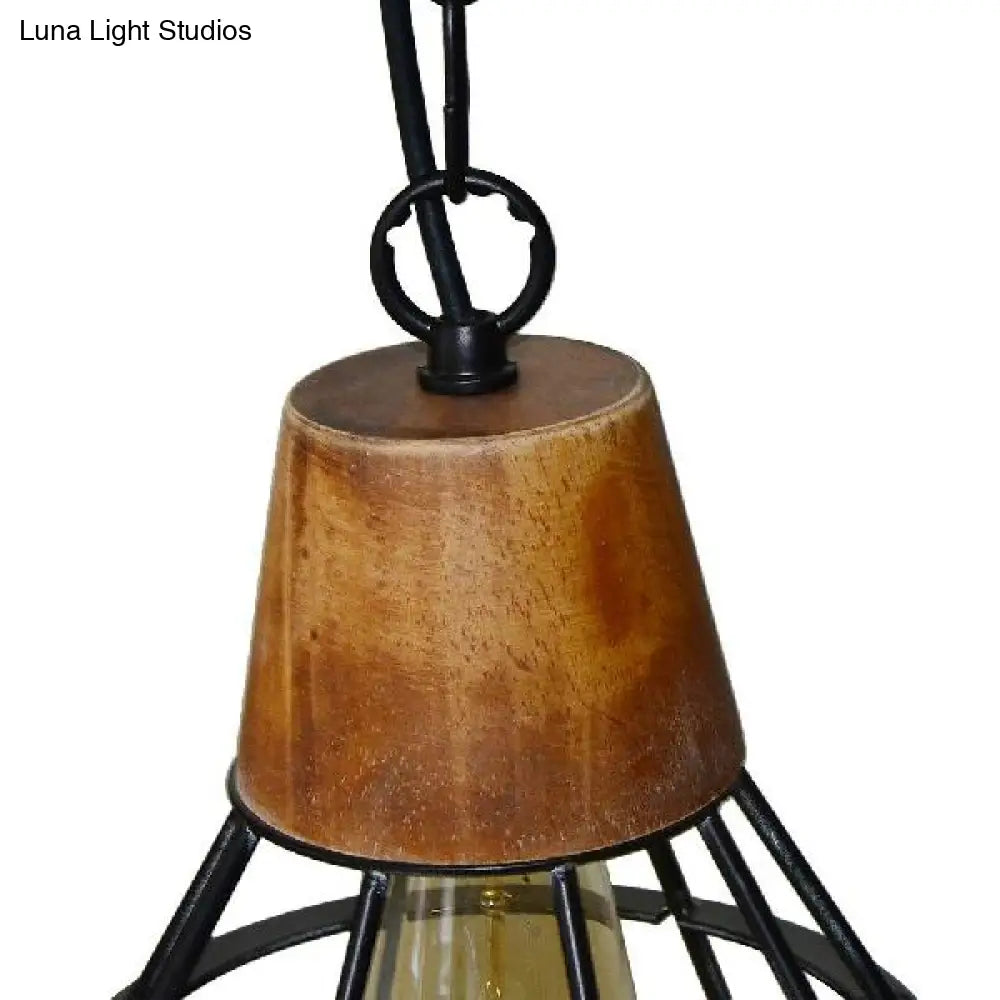 Rustic Diamond Cage Pendant Lamp - Wood and Metal, Single Light for Kitchen