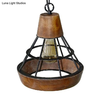 Rustic Diamond Cage Pendant Lamp - Wood and Metal, Single Light for Kitchen