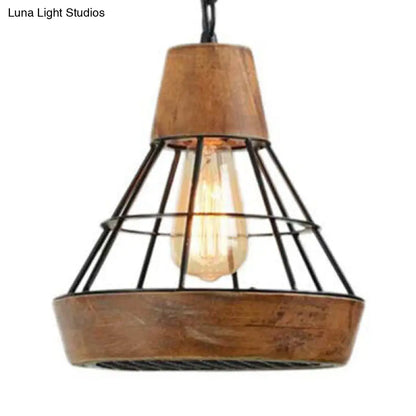 Rustic Diamond Cage Pendant Lamp - Wood and Metal, Single Light for Kitchen