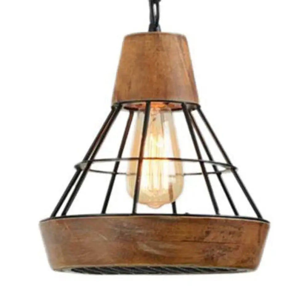 Rustic Diamond Cage Pendant Lamp - Wood and Metal, Single Light for Kitchen