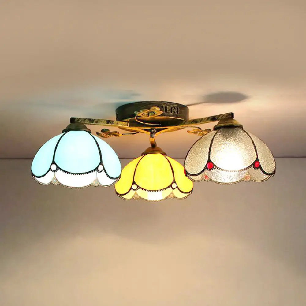 DecorBites™ DecorBites™ Rustic Dome Ceiling Fixture - Beige/Yellow-Blue/Clear/Blue Glass Flush Mount - 3 Lights - Living Room