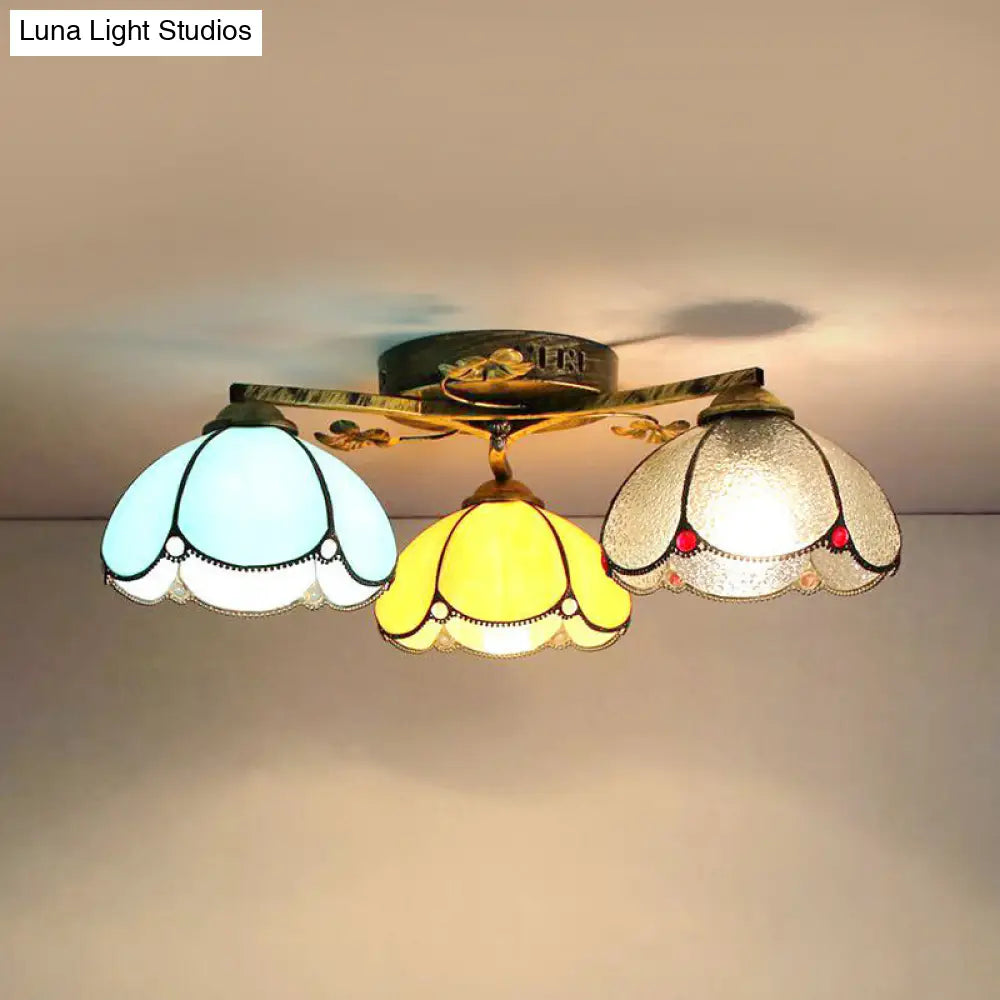 DecorBites™ DecorBites™ Rustic Dome Ceiling Fixture - Beige/Yellow-Blue/Clear/Blue Glass Flush Mount - 3 Lights - Living Room