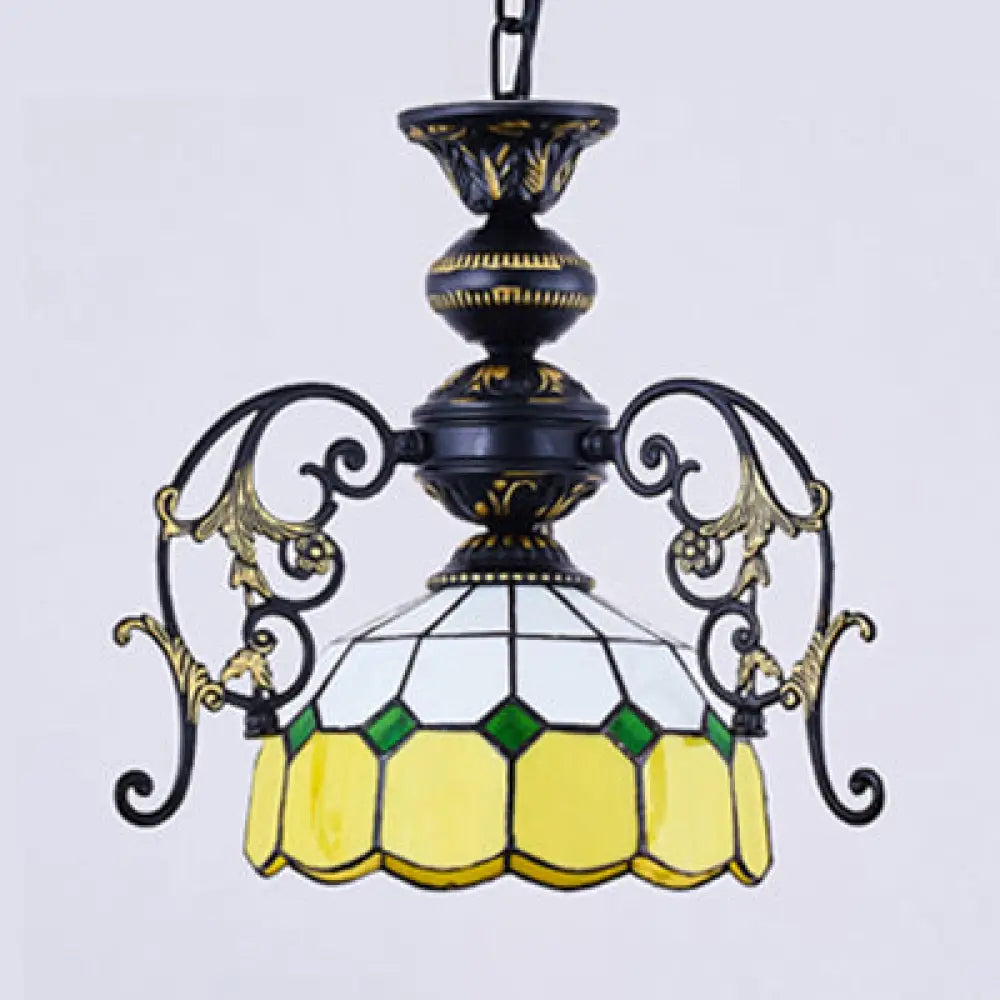 Rustic Domed Pendant Light with Hanging Chain - Yellow/Orange/Green/Blue - 1 Light - Black Finish - for Dining Room
