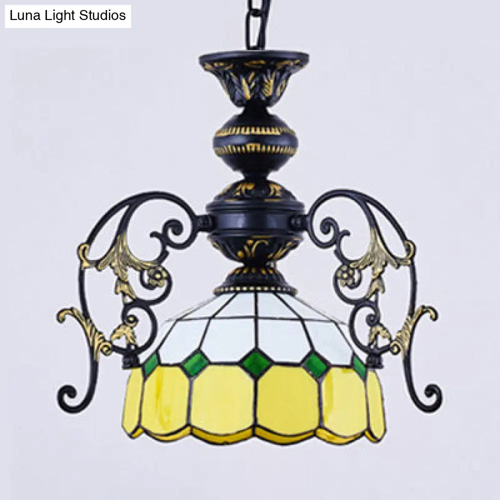 Rustic Domed Pendant Light with Hanging Chain - Yellow/Orange/Green/Blue - 1 Light - Black Finish - for Dining Room